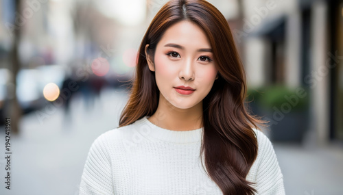 Free Download Elegant Lady Stroll: Captivating portrait of a woman amidst the city, capturing her poise and serenity. She is a picture of sophistication and grace. - GFXLoad