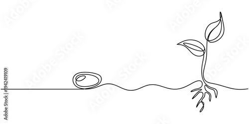 Continuous one line drawing of a young plant sprout with two leaves growing from the ground. Plant drawing with editable black stroke on white background. Vector illustration.