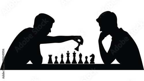 Chess game silhouette illustration, two men sitting across a table playing chess, strategy and thinking concept, competitive board game scene, clean black vector design isolated.