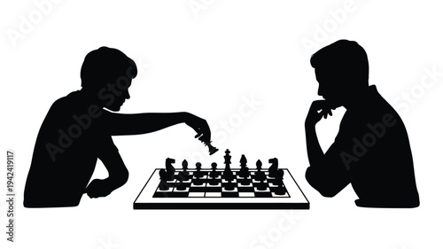 Black silhouettes of two young men sitting and playing a strategic game of chess on a board, intellectual competition concept, focused players facing each other, minimal vector illustration.