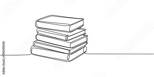 one single line drawing of a stack of books for education concept, Stack of books with opened book on top in one continuous line. Symbol of library, education, literature, reading in one line style.