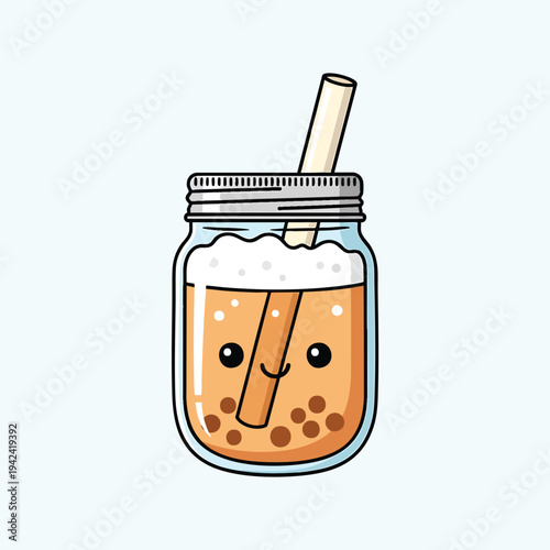 A cartoon jar of sweet drink with a smiling face, filled with bubbles, a frothy top, and a straw, on a light blue background