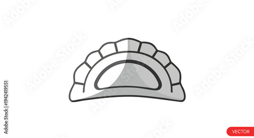 A grayscale icon depicts a half-circle shape with a scalloped edge and a slightly curved, darker central shadow. Simple, clean design