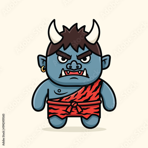 A blue-skinned, horned creature with spiky hair and sharp teeth, clad in a red loincloth. Cartoon style, angry expression