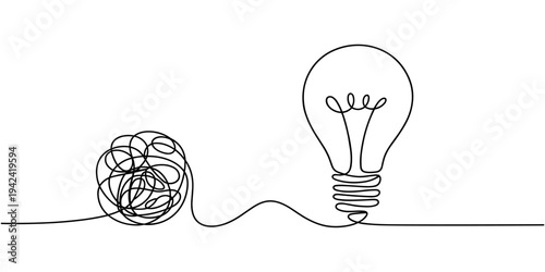 unraveling to glowing light bulb animation continuous one line drawing, Animated One continuous line drawing of tangled and scribble wires with light bulbs. Concept of complex problem solving process