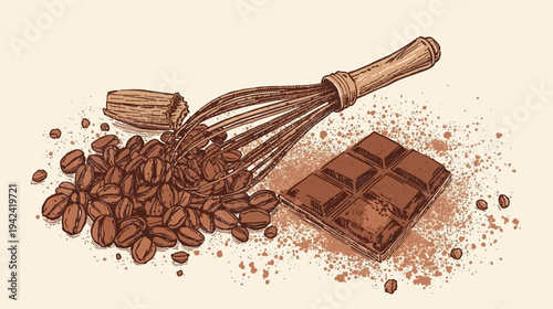 Hand-drawn illustration of coffee beans, chocolate bar, and a whisk, with cocoa powder scattered around, on a light background.