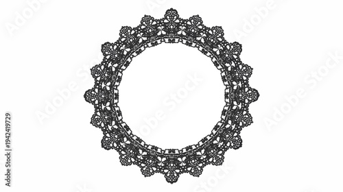 Intricate dark grey circular pattern resembling a decorative frame or complex gear on a white background.