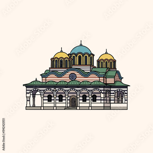 A brightly colored, stylized illustration of a building. The structure features multiple domes, arched windows, and striped facades against a neutral background