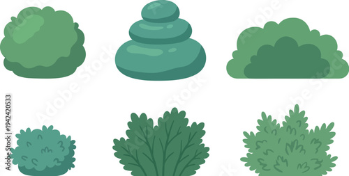 Cute Flat Style Various Greenery Bush and Stone Decoration Element Illustration