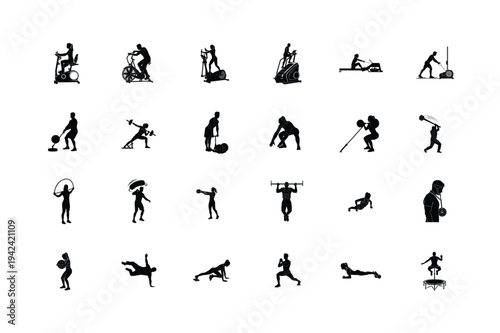Commercial gym machine workout silhouettes illustrating isolated exercises on cable crossovers leg presses and cardio equipment