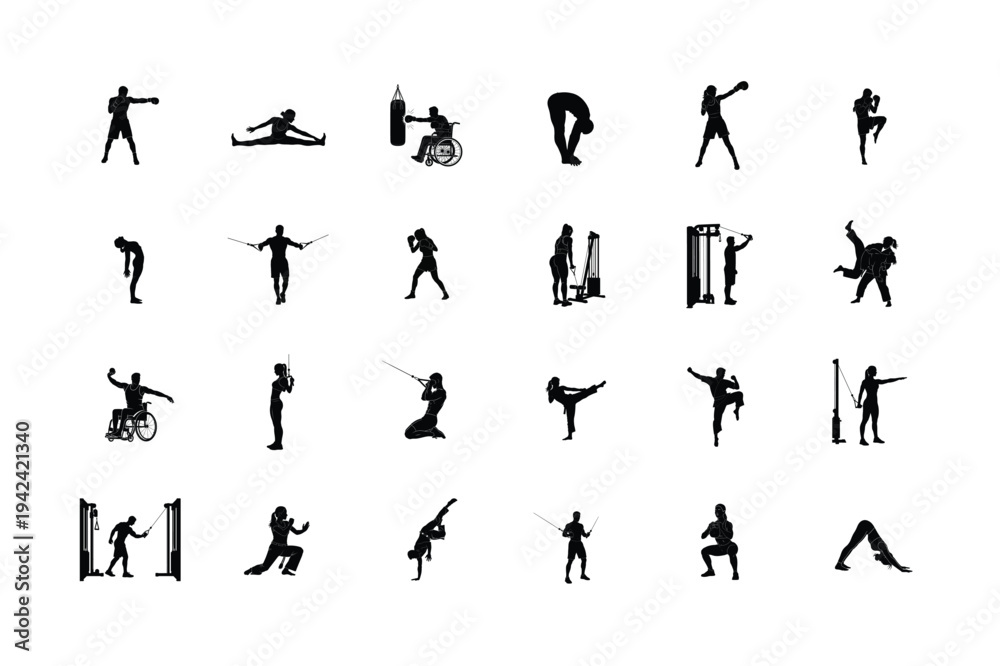 Fototapeta premium Elegant gymnastics and martial arts silhouettes illustrating rhythmic ribbon dancing floor routines pommel horse and dynamic high kicks