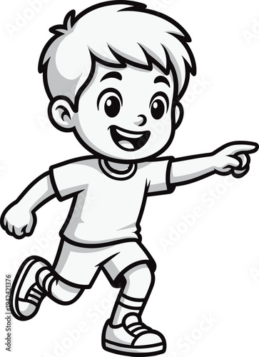 Cute boy running and pointing cartoon outline illustration showing happy child in motion representing kids activity, playtime and energetic childhood concept
