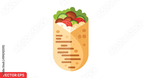 A flat illustration of a wrapped food item, comprised of a light-brown outer layer, filled with green lettuce, red tomatoes, brown meat, and cucumber