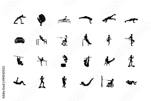 Inclusive gym fitness silhouette featuring adaptive wheelchair workouts pilates reformer routines and mens gymnastics pommel horse exercises