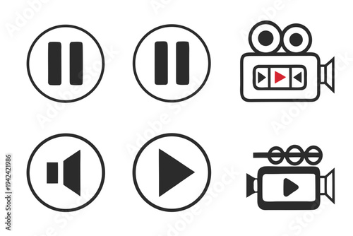 Modern video player controls and camera icons for digital media