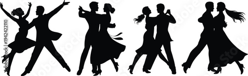 Ballroom dancing silhouettes, couples in motion, elegant dance poses, formal attire, partner coordination, lifestyle, performance illustration design
