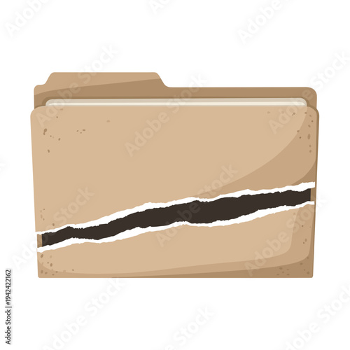 Illustration of a torn folder with a jagged rip across the center, isolated on a clean white background, showcasing a damaged office document holder