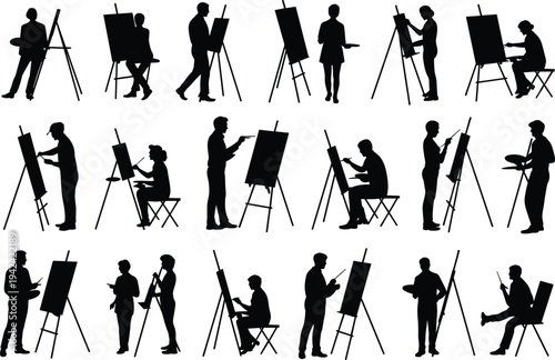 Artist silhouettes, people painting at easels, creative expression, brush palette, art lifestyle, design, studio illustration concept
