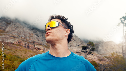 Konstfotografi Thinking, outdoor and man with fitness, sunglasses for uv protection or contemplation