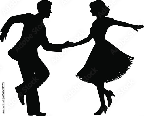 Black silhouette of a couple dancing rock and roll isolated on white background for retro music and party (18 words)