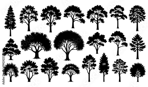 Forest tree silhouettes vector set different tree shapes and species isolated on white background