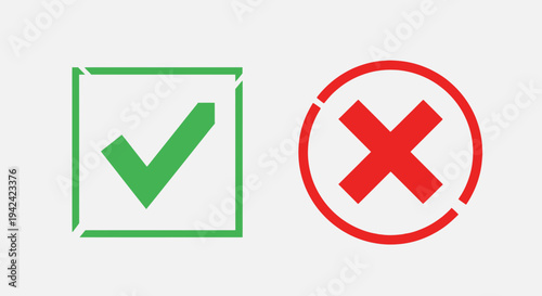Green check mark inside a square and red x mark inside a circle