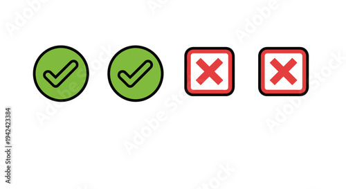 Green check marks and red cross marks against white background isolated