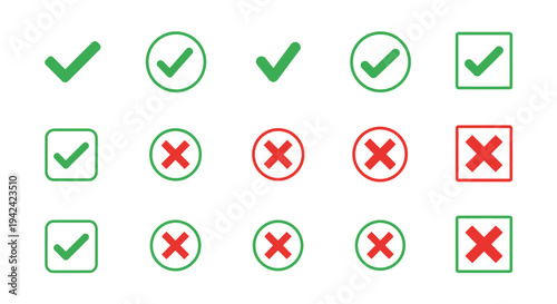 Green check marks and red crosses on white background for various concepts