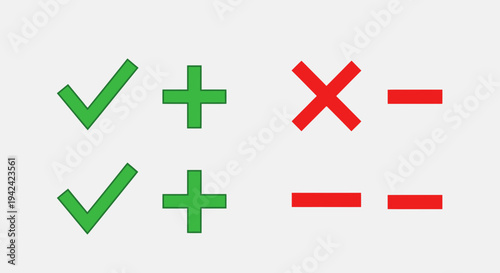 Green check plus red cross minus symbols isolated on white background