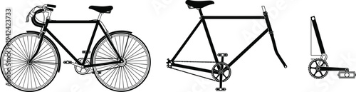 Black, vector, silhouette, collection, of, complete, road, bicycle, empty, bike, frame, and, crankset, parts, isolated, on, white, background, graphic, illustration