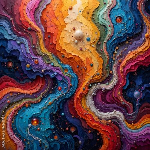 Vibrant abstract tapestry with flowing organic shapes in psychedelic colors and textures