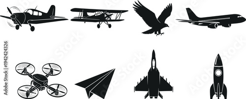 Vector silhouette collection of flying objects including commercial airplane biplane eagle drone paper plane fighter jet and space rocket illustration