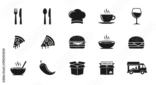 Restaurant and food service icons set with reflections on transparent background silhouette