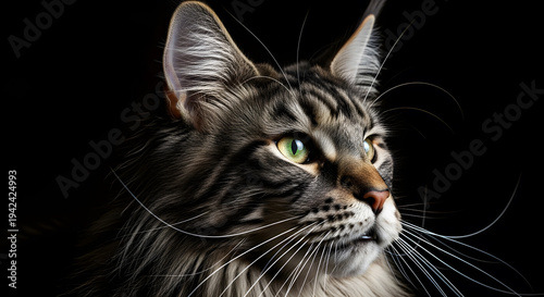 Close up face shot of a fluffy Maine Coon cat