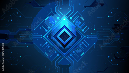 Abstract blue circuit board with nested diamond shapes and digital connections