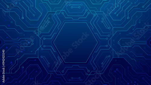 Abstract blue circuit board pattern with interconnected hexagonal elements