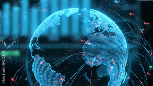 Digital globe with data charts illustrating global business analytics