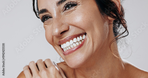Photos Happy woman, teeth and studio with dental care for hygiene or dermatology on a white background