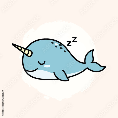 A cartoon depiction of a sleeping, light-blue marine creature with a long, spiraling horn, in a soft, dreamy style