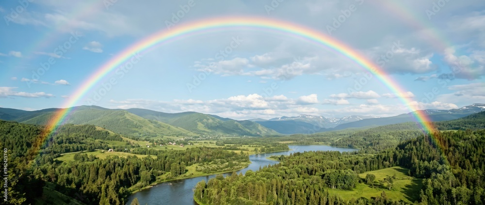 Naklejka premium Vibrant rainbow appears over serene river valley lush green landscape nature photography bright daylight aerial view stunning natural beauty