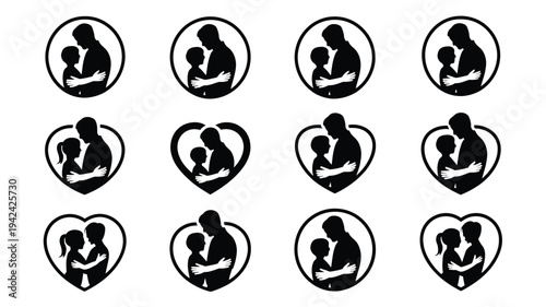 Black silhouettes of parents and children in heart shapes and circles for love family and care concepts