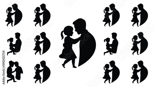 Silhouette of a man dancing with a little girl surrounded by multiple smaller silhouettes of dancing couples on a white background
