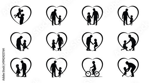 Heartfelt family silhouettes parents and kids together love and togetherness vector icons