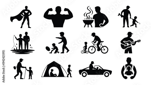 Black silhouettes of people engaging in various leisure activities like camping biking and playing music