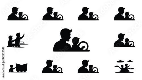Black silhouettes of fathers and children family icons parenting symbols and childcare illustrations on white background