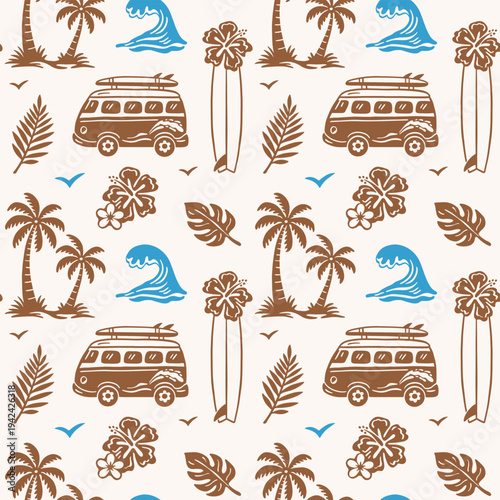 Seamless summer beach pattern with surfboards, palm trees, van, tropical flowers, ocean waves in hand-drawn doodle style. Playful coastal design for prints, fabric and packaging