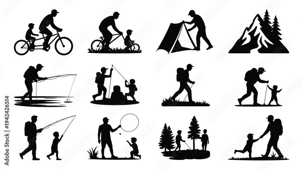 Fototapeta premium Outdoor activities icons set including family camping hiking fishing cycling and playing