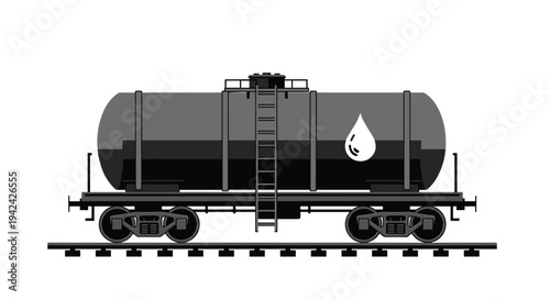 Detailed black and white illustration of a railway oil tanker wagon on a track featuring a prominent water drop symbol.