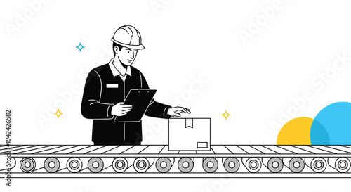 Professional warehouse worker wearing a hard hat and holding a clipboard while inspecting a box on an automated conveyor belt.