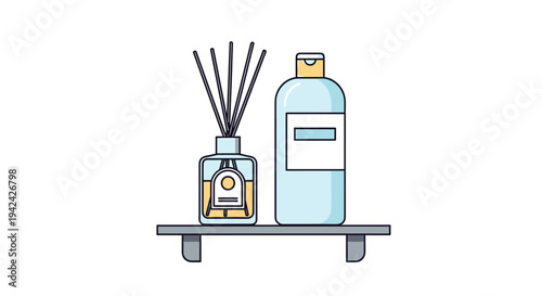 Simple aromatherapy set on a shelf containing a bottle of incense with sticks and a larger bottle of essential oil or lotion.